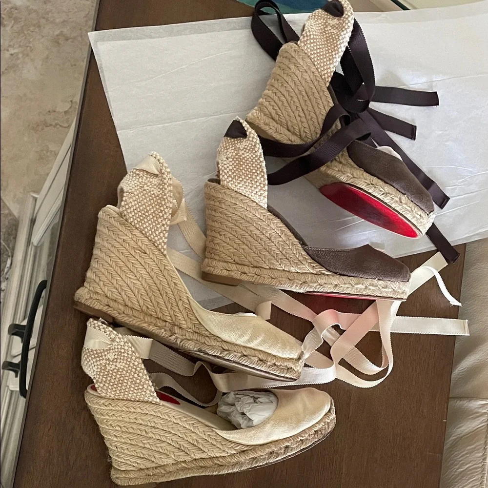 2 pair Christian Louboutin Brown Espadrille Flats with Ankle Ties